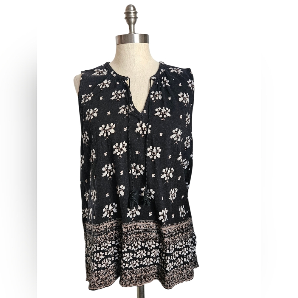 LUCKY BRAND Floral Border Sleeveless Black Cotton Top | SZ XL